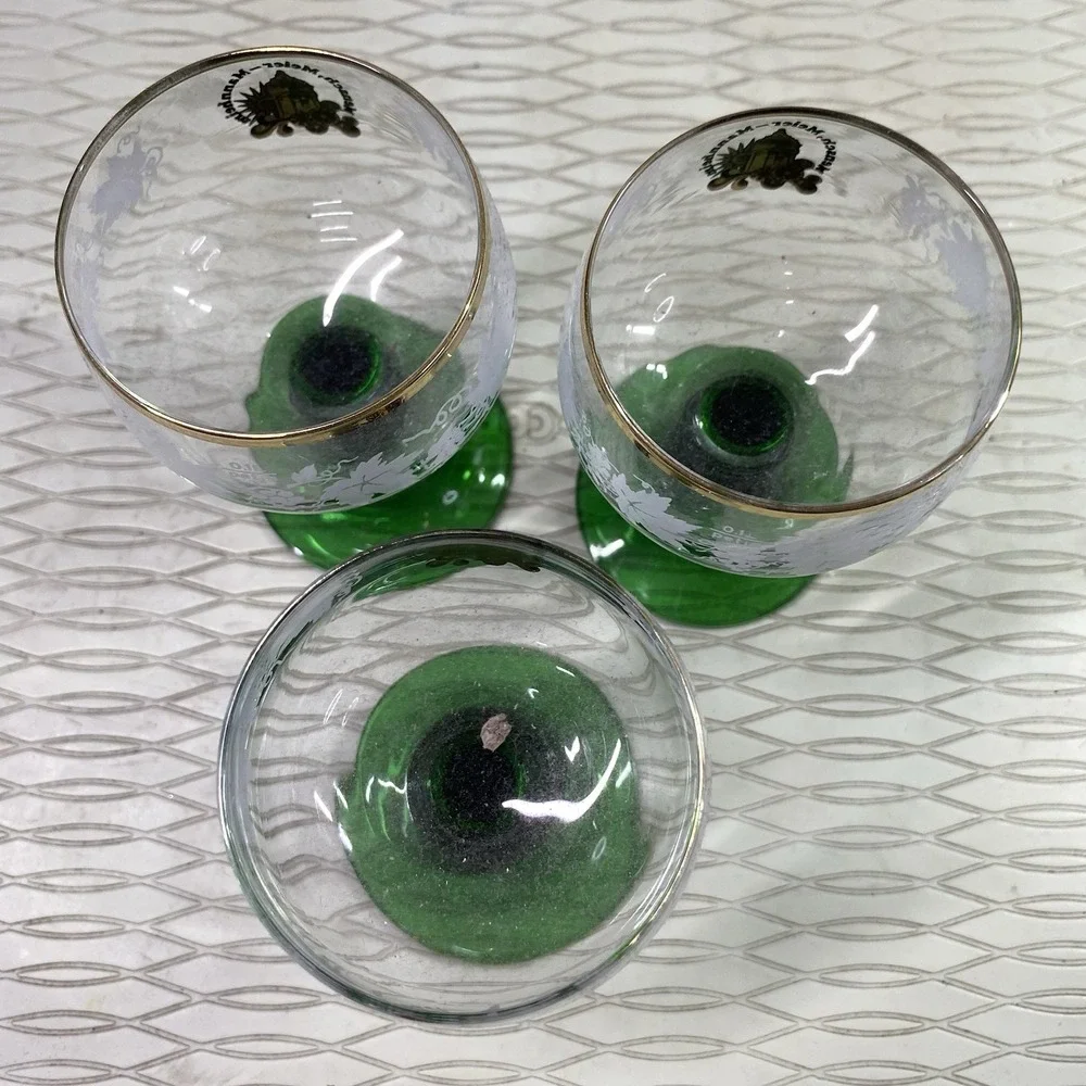 3 VTG German Schmitt Green Cordial‎ Wine Glasses Goblet Mensch, Meier-Mannheim